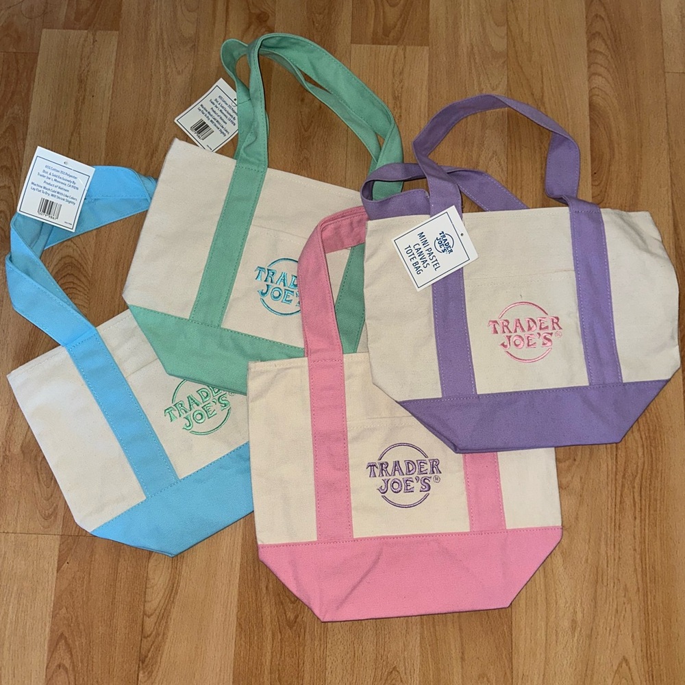 TRADER JOES MINI PASTEL Canvas Tote Bag - Pink, Purple, Green, Blue